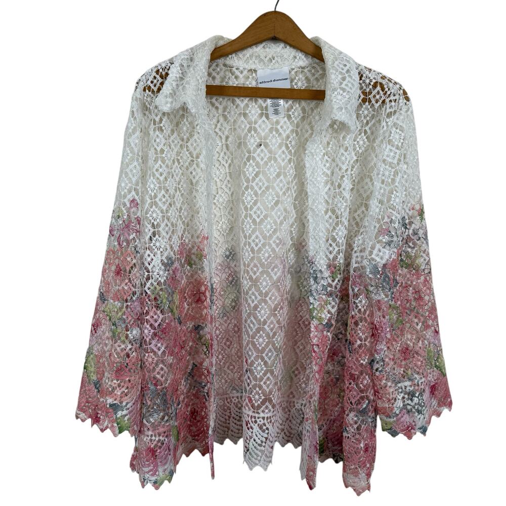 Alfred Dunner Women Crochet Lace Open Front Cardigan Large Cottage Boho Garden